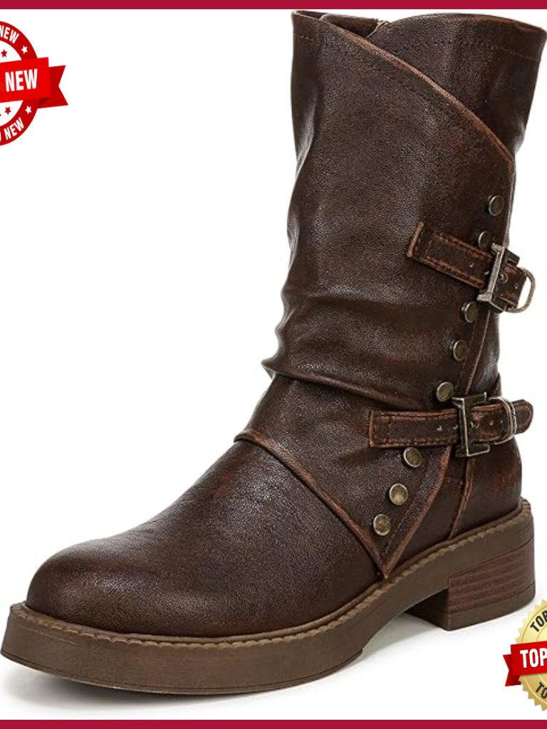 Women's Vegan Moto Boots With Studs, Buckle Accents, 8 Inch Shaft